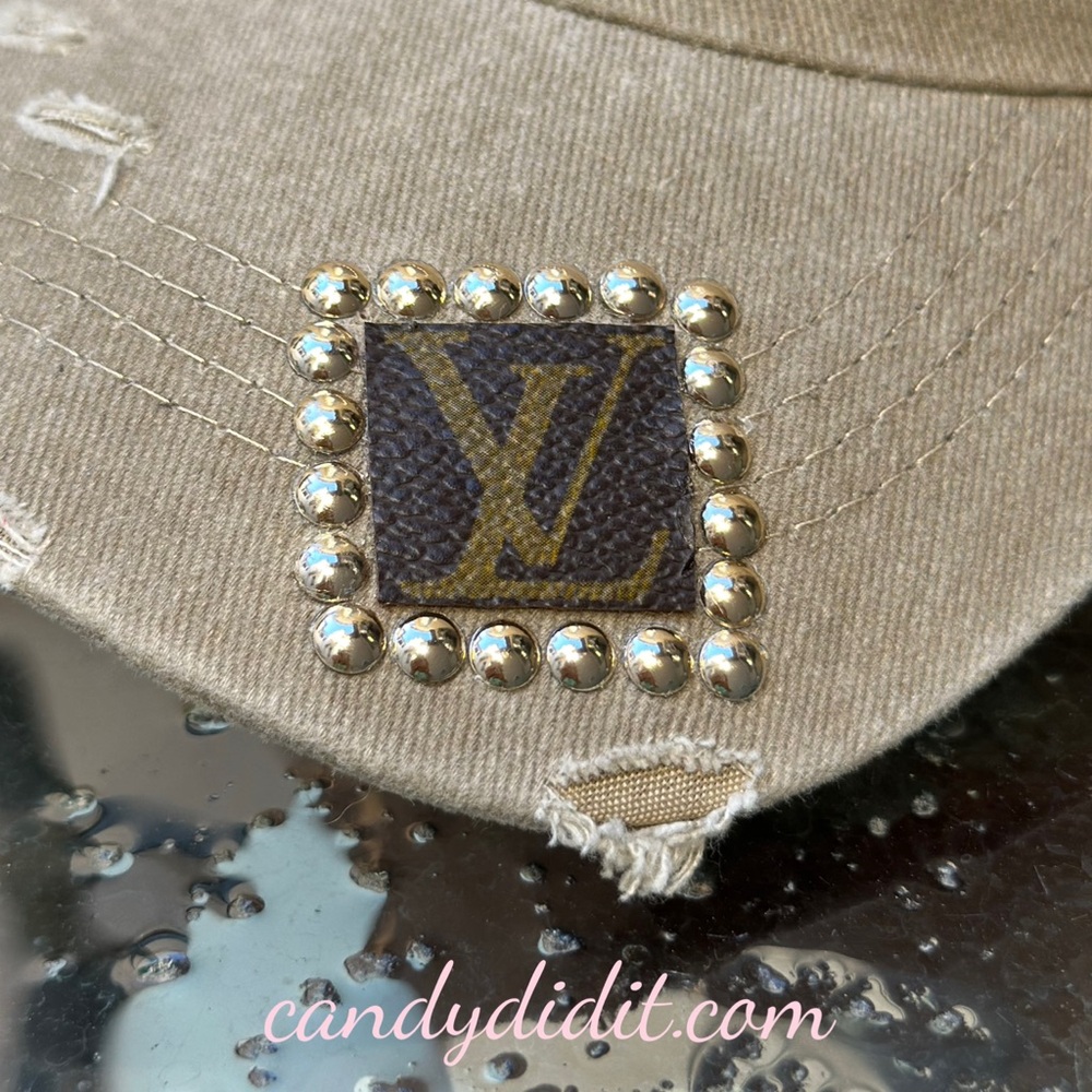 Unique Handmade Cherry Blossom Distressed Studded LV Tan Ball Cap - Picture 4 of 11